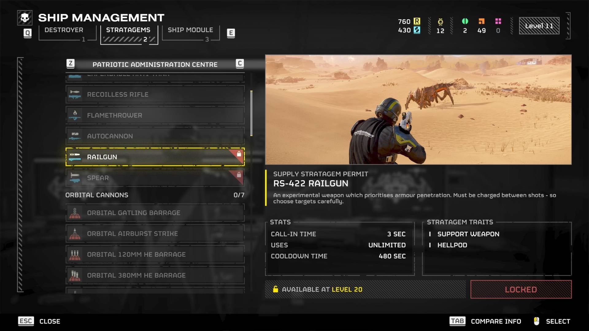 The Railgun selected in the stratagems menu in Helldivers 2. - 3