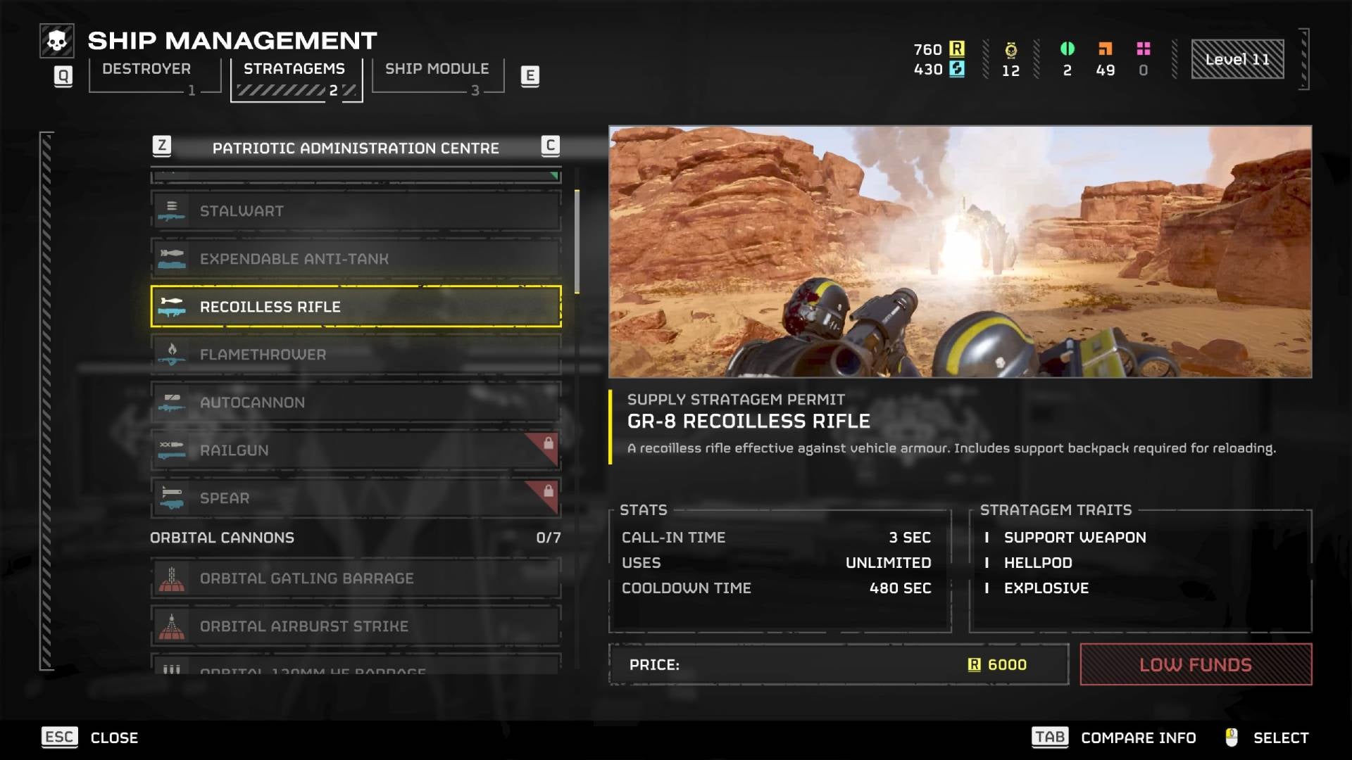 The Recoilless Rifle selected in the stratagems menu in Helldivers 2. - 1