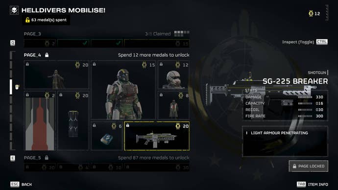 The SG-225 Breaker in the Warbond on Helldivers 2.