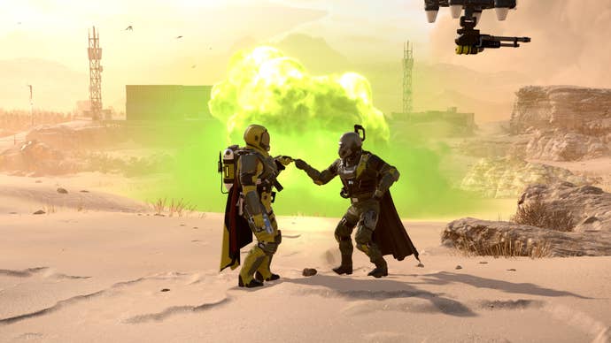 A couple of Helldivers 2 players doing the new fart emote.