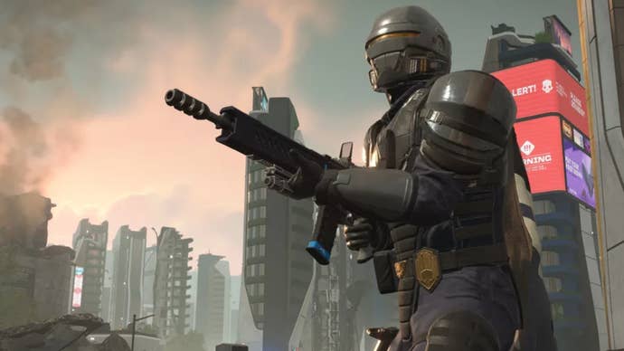 A Helldivers 2 subordinate wearing Force of Law warbond cogwheel successful a mega city.