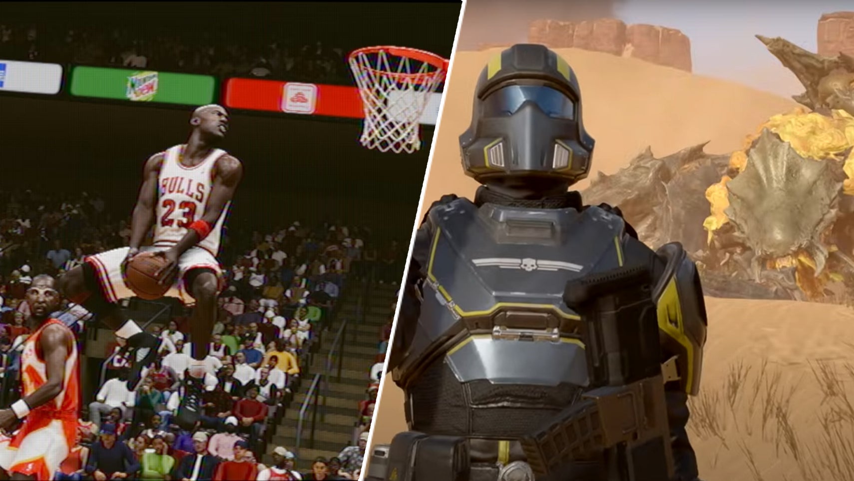 A helldiver posing in front of a dead Terminid in Helldivers 2 opposite Michael Jordan dunking in NBA 2K23. - 1