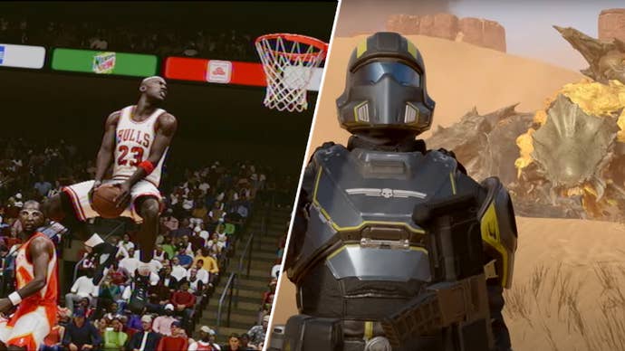 A helldiver posing in front of a dead Terminid in Helldivers 2 opposite Michael Jordan dunking in NBA 2K23.