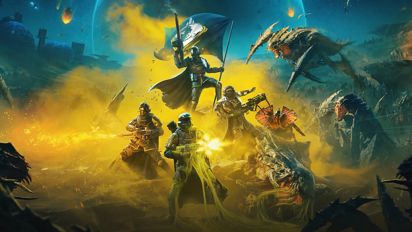 Some helldivers battling aliens while brandishing the Super Earth flag in Helldivers 2. - 1