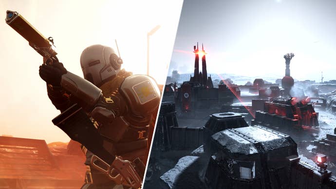 A Helldiver wearing Borderline Justice Warbond gear in Helldivers 2 opposite an Automaton base.