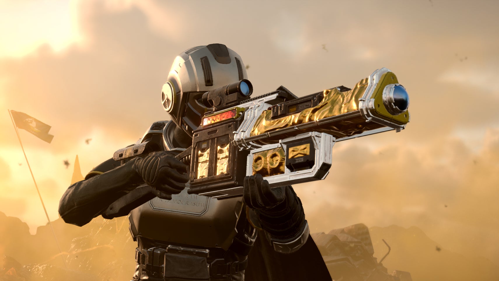 A Helldivers 2 player wielding the LAS-17 Double-Edge Sickle. - 1