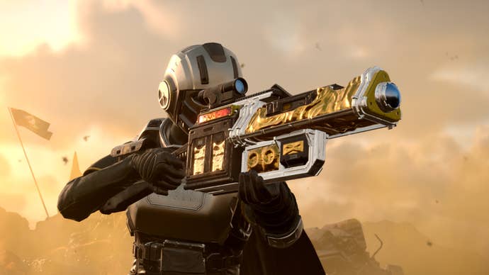A Helldivers 2 player wielding the LAS-17 Double-Edge Sickle.