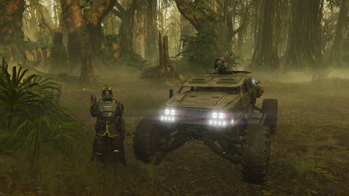 A Helldiver saluting adjacent to an FRV connected a jungle satellite successful Helldivers 2.