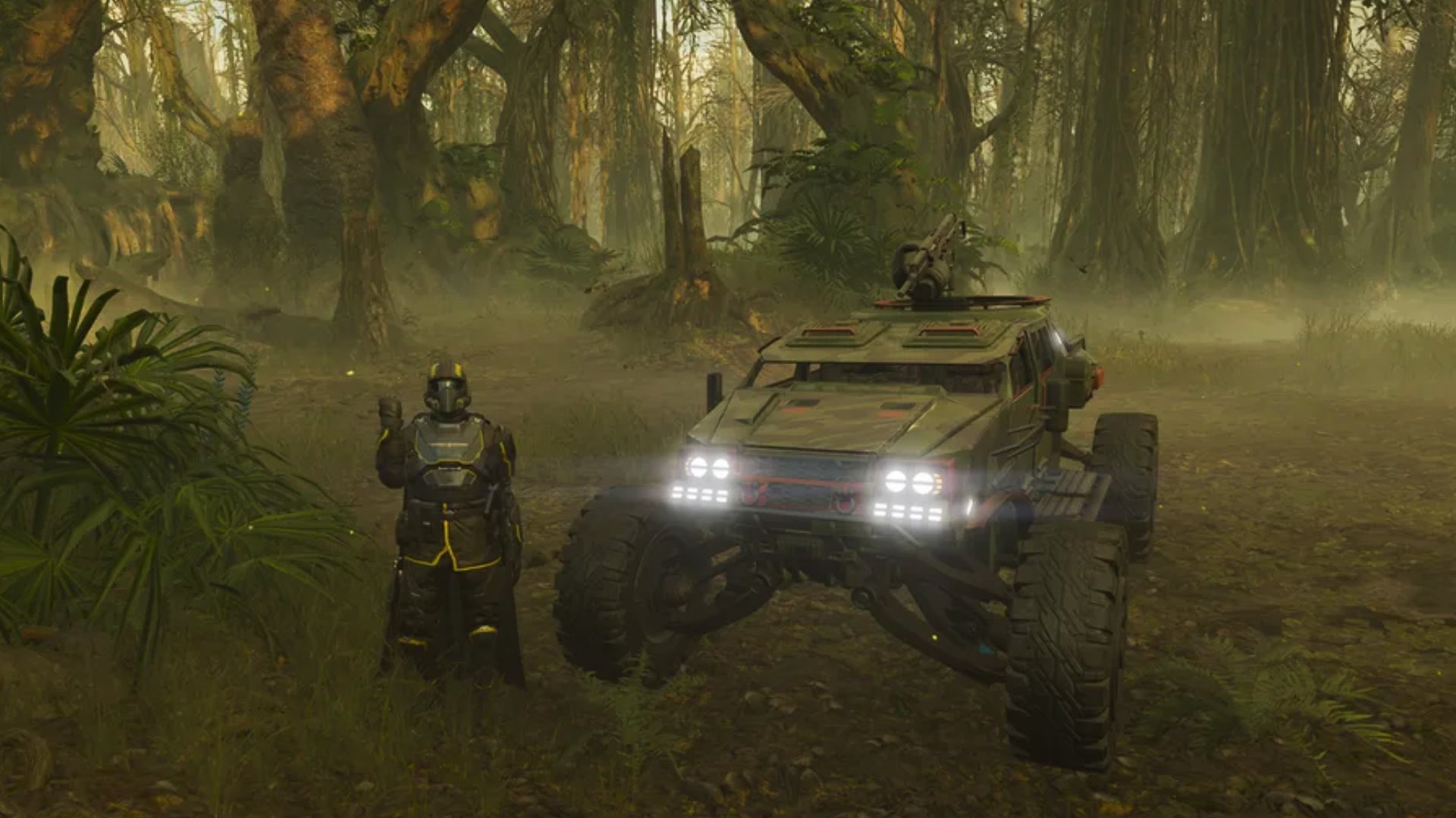 A Helldiver saluting next to an FRV on a jungle planet in Helldivers 2. - 1