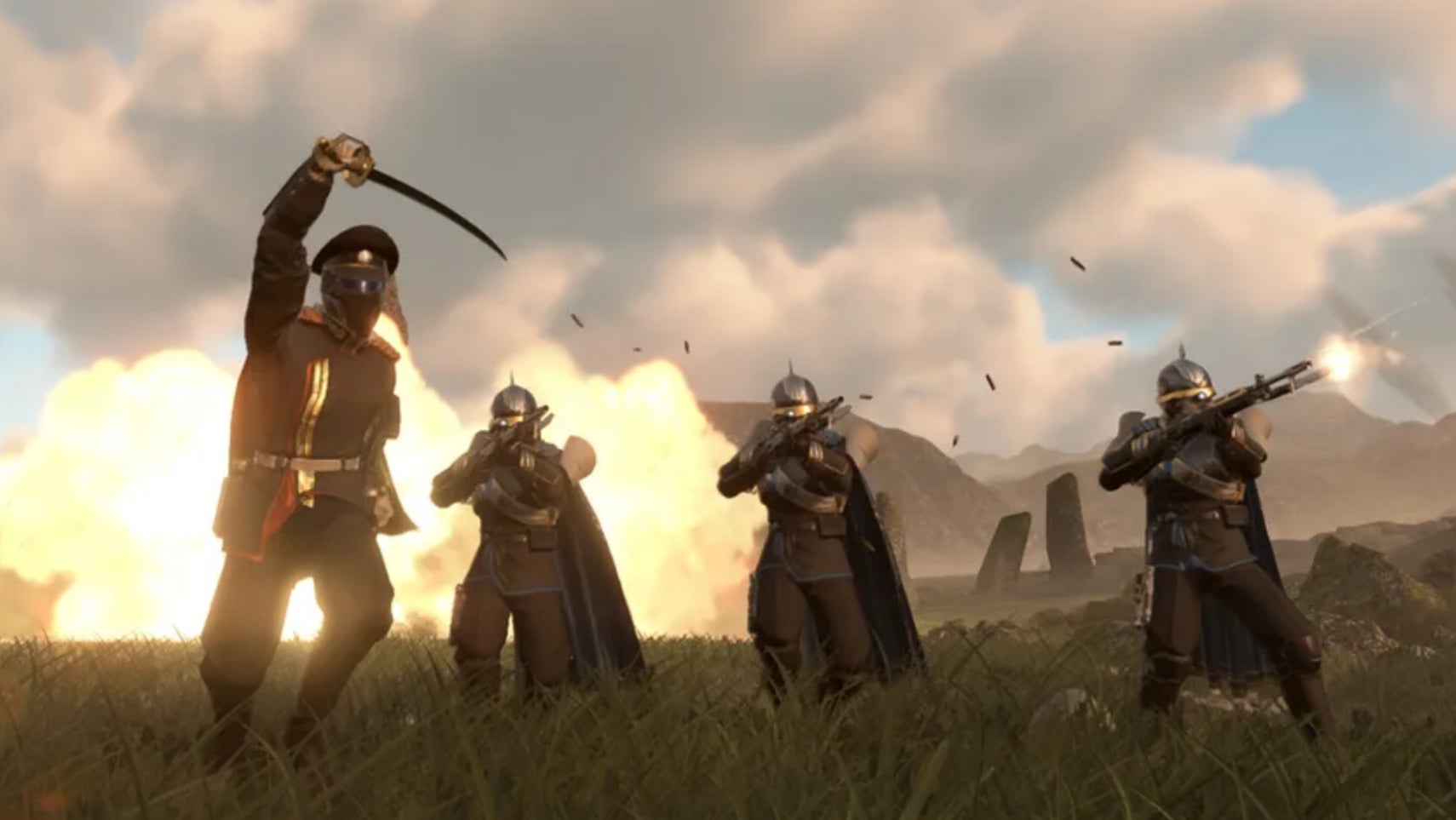 Some soldiers wearing Masters of Ceremony Warbond gear in Helldivers 2. - 1