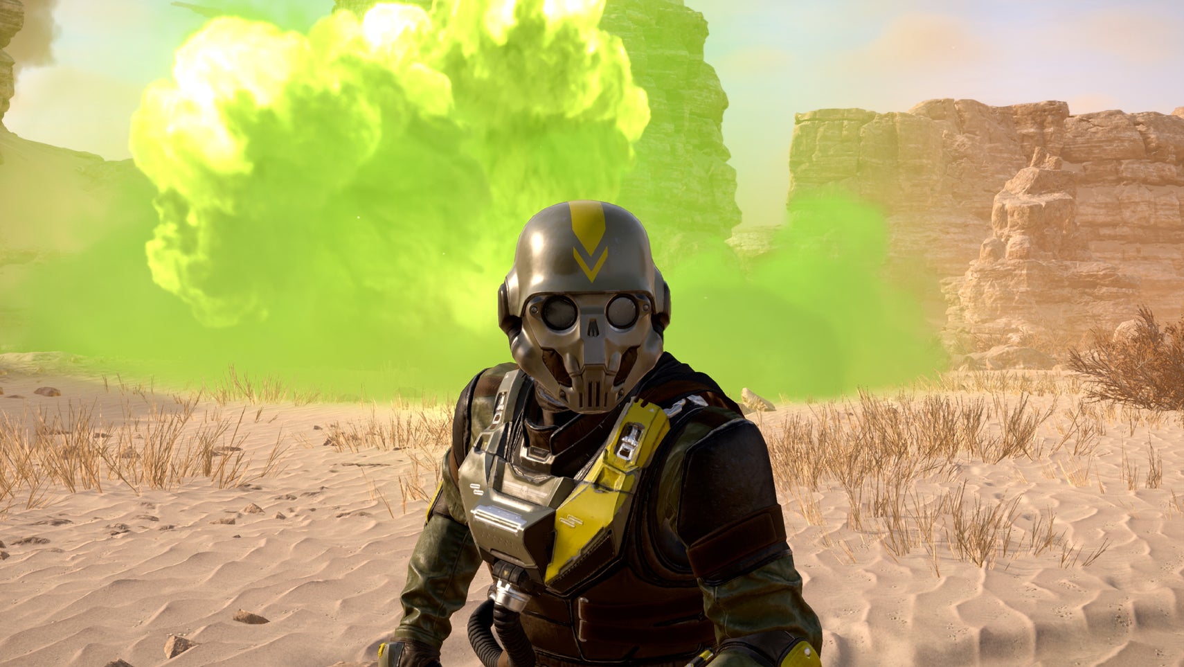 A soldier wearing one of the armour sets from Helldivers 2's Chemical Agents Warbond. - 1