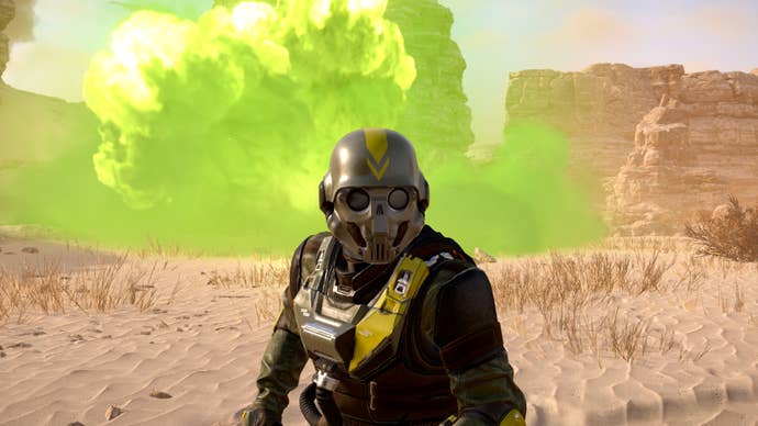 A soldier wearing one of the armour sets from Helldivers 2’s Chemical Agents Warbond.