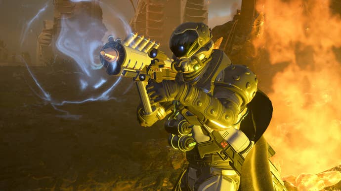 A Helldivers 2 subordinate wearing Control Group warbond gear.