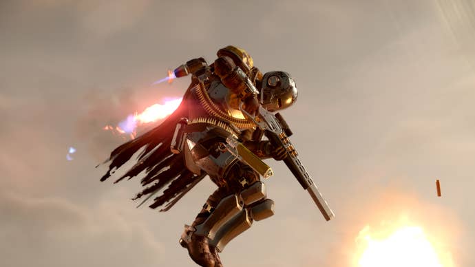 A helldiver using the Borderline Justice Warbond’s jetpack in Helldivers 2.