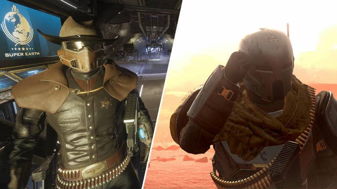 A Helldivers 2 player wearing Borderline Justice Warbond armour opposite one wearing a modded cowboy hat.