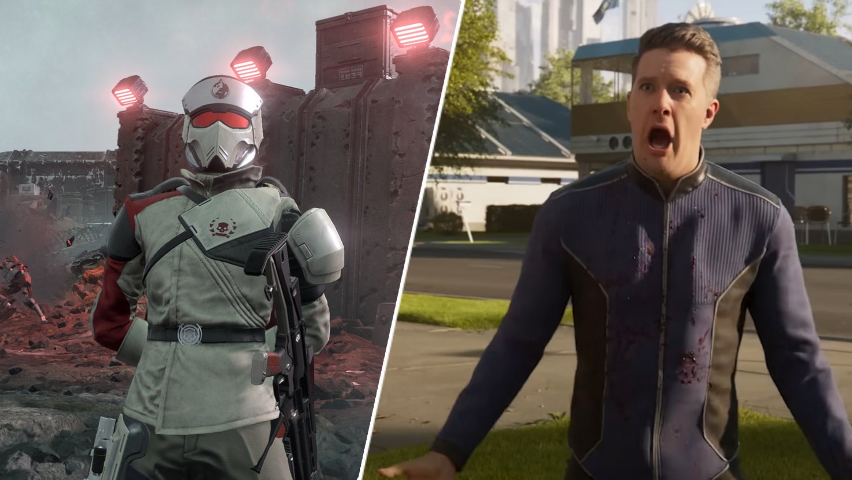 A helldiver wearing Truth Enforcers Warbond gear in Helldivers 2, alongside the guy screaming in the intro. - 1