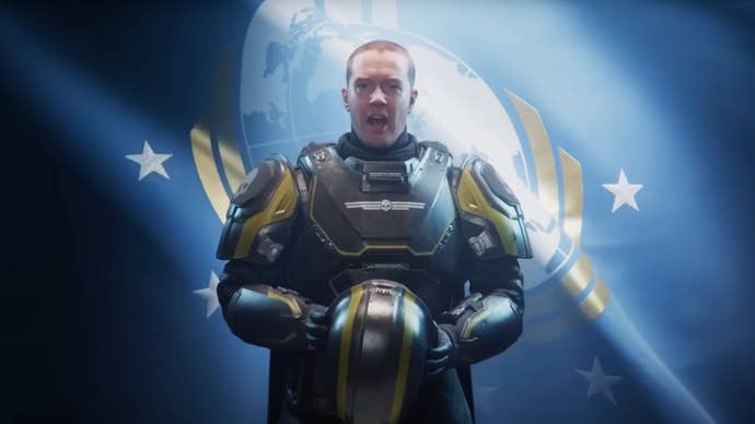 The guy in Helldivers 2’s intro about to don his helmet.