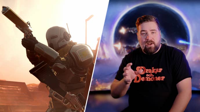 Helldivers 2 director Johan Pilestedt next to a player wearing Borderline Justice Warbond gear.