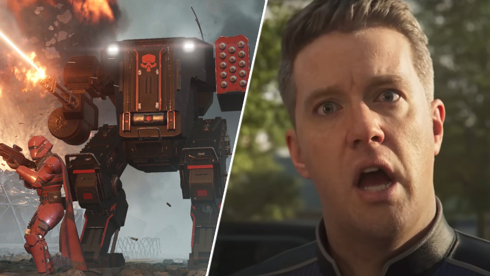 Some players battling next a mech in Helldivers 2 alongside the guy from the game's intro. - 1