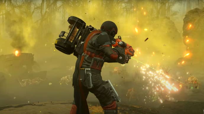 A helldiver carrying a Terminid larva in Helldivers 2.