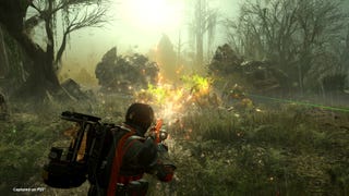 A Helldivers 2 player killing some Terminids while wearing a larva backpack.