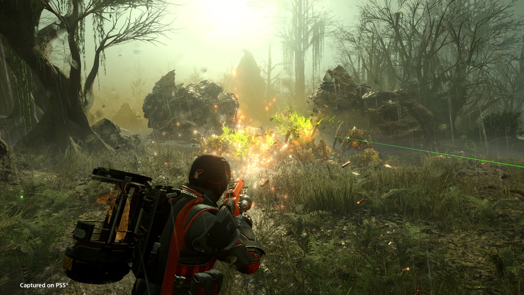 A Helldivers 2 player killing some Terminids while wearing a larva backpack. - 1