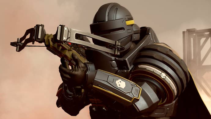 A helldiver aims an explosive crossbow from Helldivers 2’s Democratic Detonation warbond