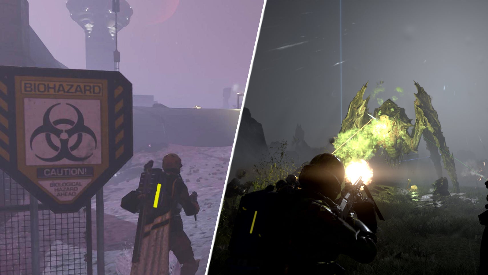 Some soliders battling a Terminid in Helldivers 2 and a biohazard sign. - 1