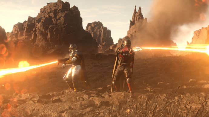 Some Helldivers wielding gear from the Freedom’s Flame warbond in Helldivers 2.