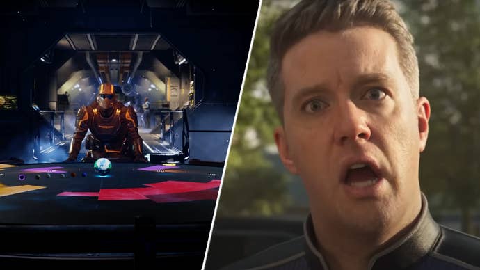 A helldiver looking over the Galactic War map in Helldivers 2 opposite the guy screaming in the game’s intro.