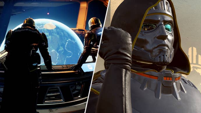 Helldivers 2 players gathered around the Galactic War table opposite a Helldiver saluting.