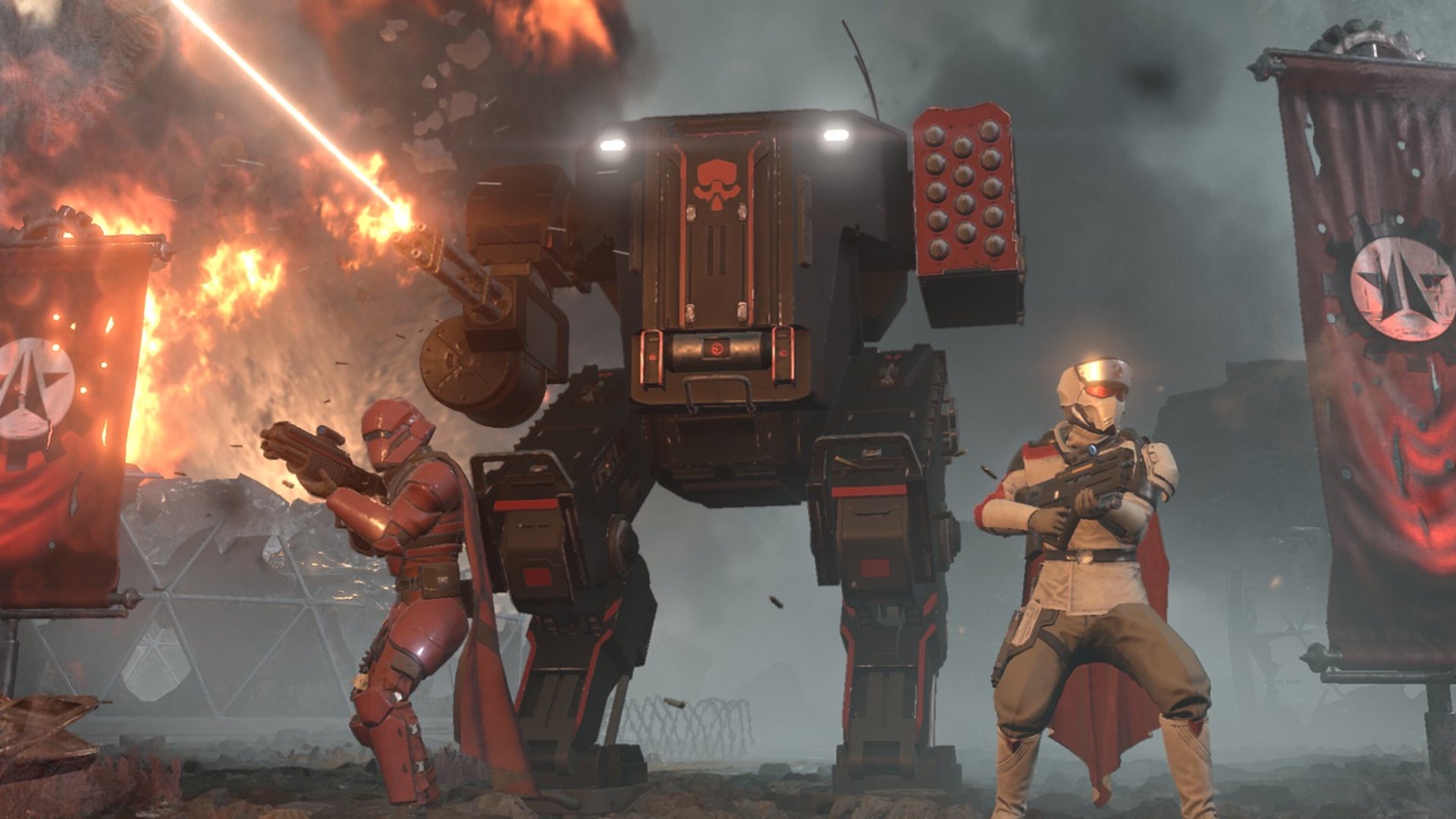 Some Helldivers 2 players in Truth Enforcers Warbond gear fighting the Automatons. - 1
