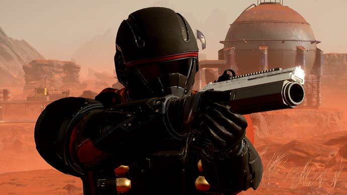 A helldiver aims down the sights of a grenade pistol from Helldivers 2’s Democratic Detonation premium warbond