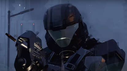A Helldivers 2 soldier wearing a Master Chief inspired helmet.