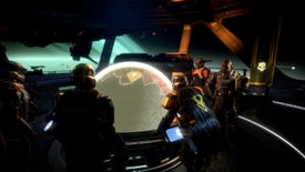 Helldivers stand around a galactic map aboard their spaceship bridge in Helldivers 2.