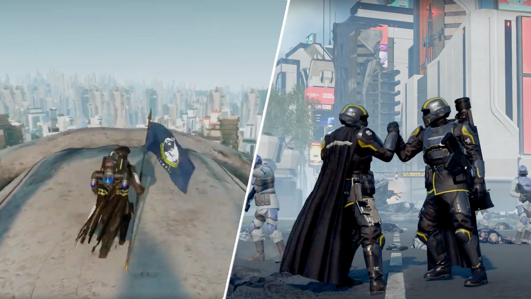 Some Helldivers in Helldivers 2 congratulating each other, opposit a Helldivers 2 player surfing on a leviathan. - 1