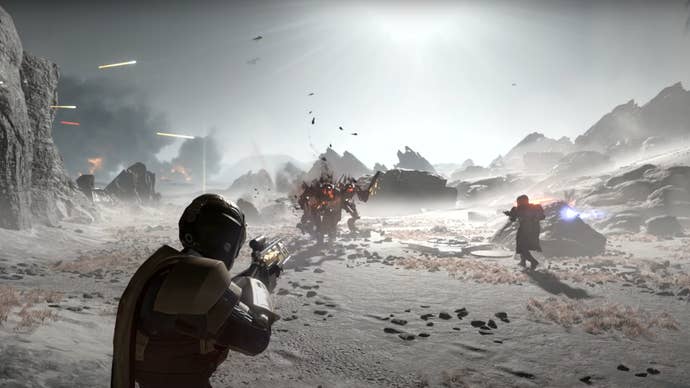 Some soldiers killing automatons in Helldivers 2.