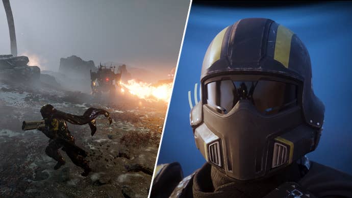 The face of a soldier in Helldivers 2 and a soldier running from an automaton’s flamethrower.