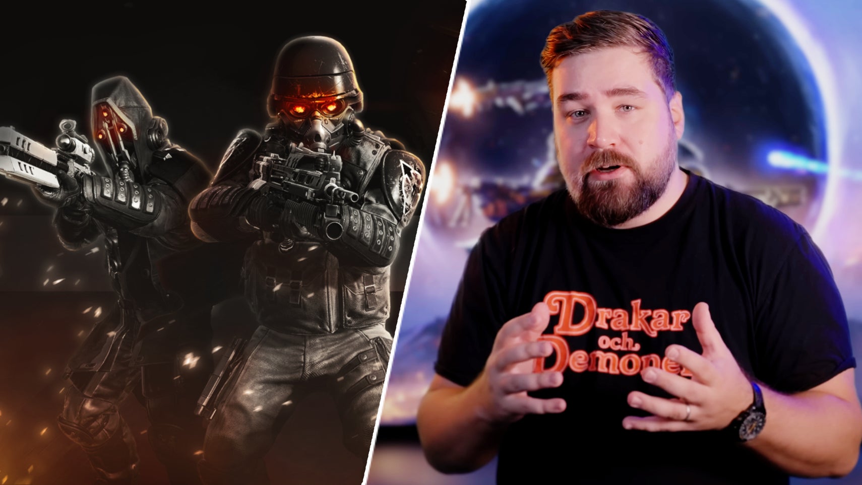 Helldivers 2's Killzone collab gear next to Arrowhead CCO Johan Pilestedt. - 1