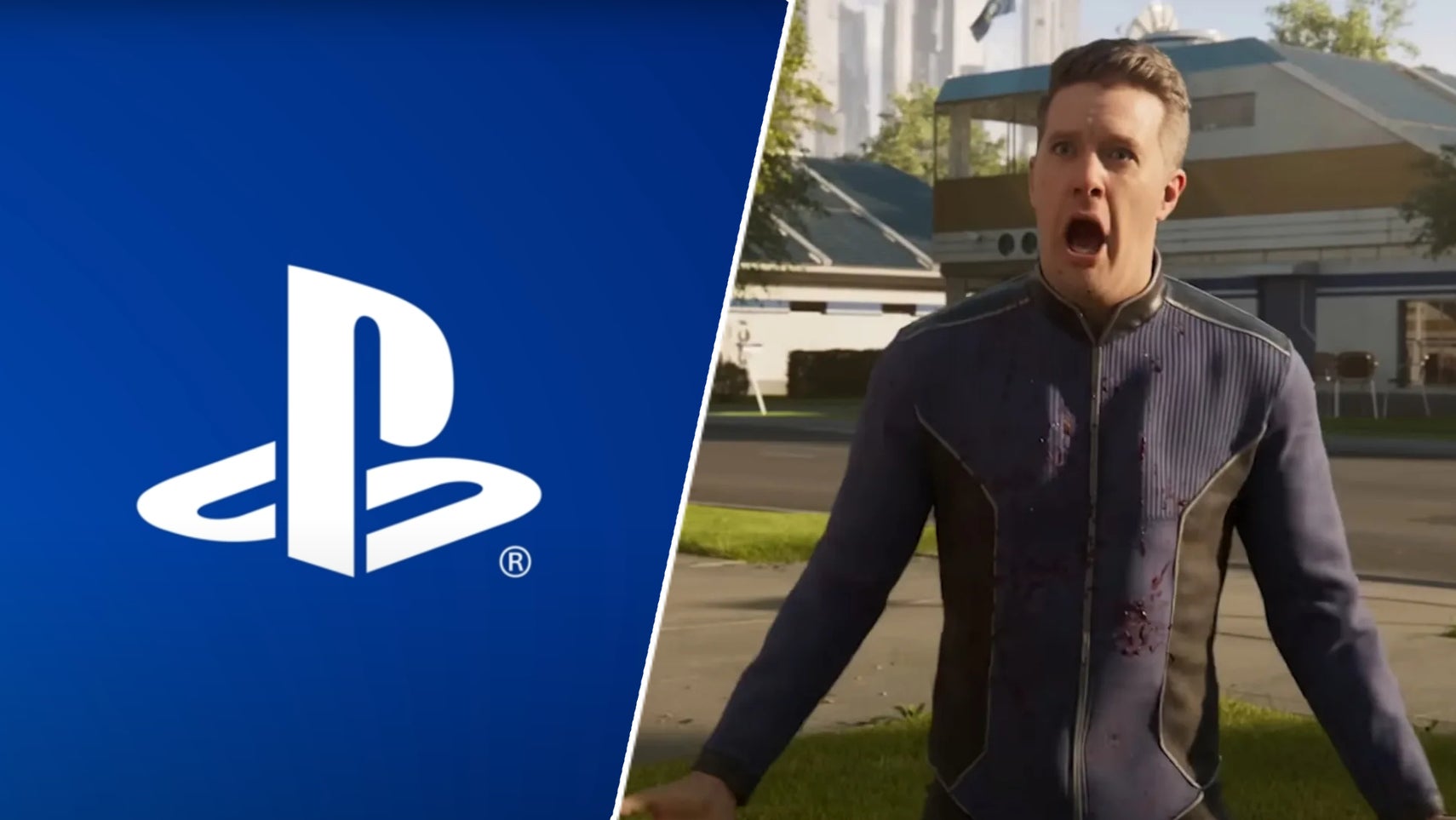 Helldivers 2's intro guy screaming next to a PlayStation logo. - 1