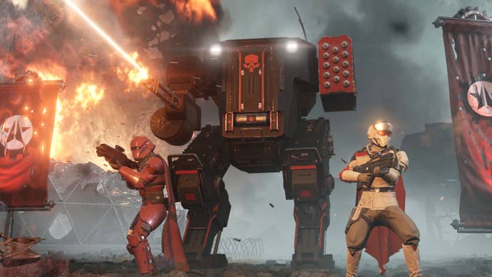 Some Helldivers in Helldivers 2 fighting alongside an exosuit.