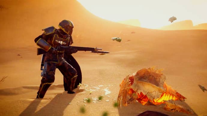 A Helldivers 2 player wielding the Constitution rifle.