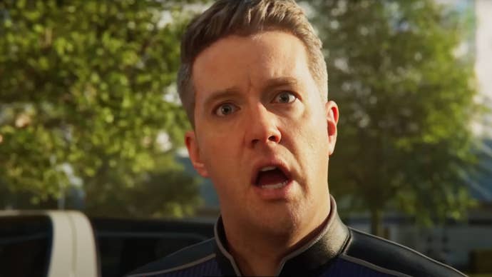 John Helldiver looking shocked successful Helldivers 2's intro.