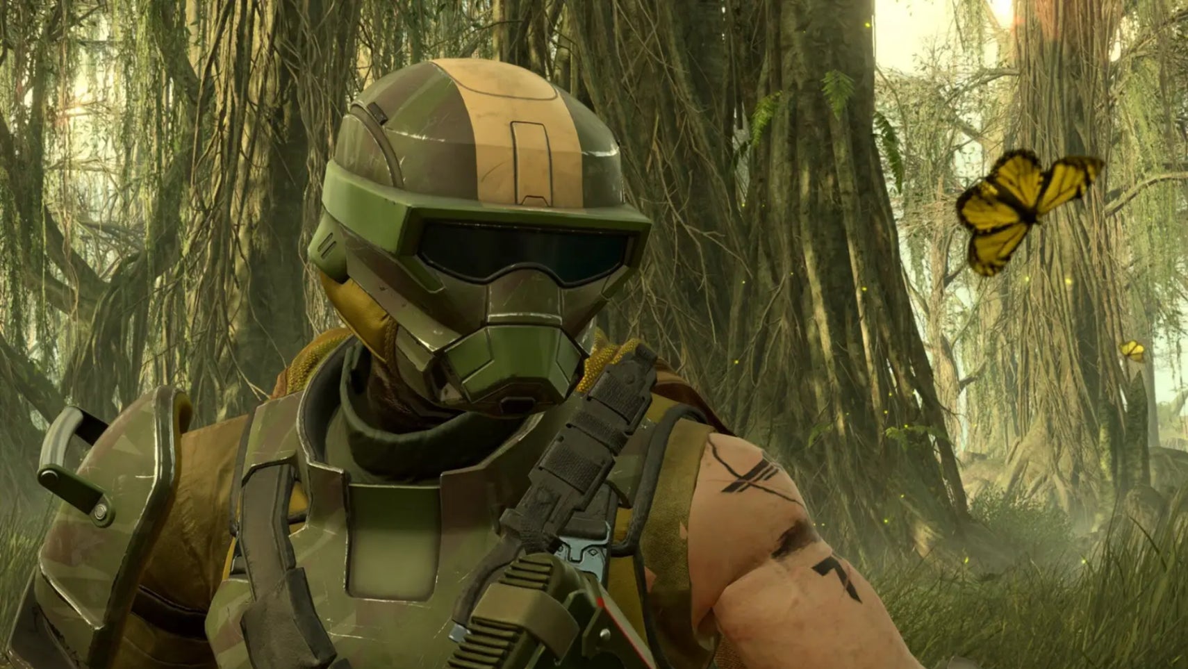 A helldiver chilling next to some trees and a butterfly in Helldivers 2. - 1