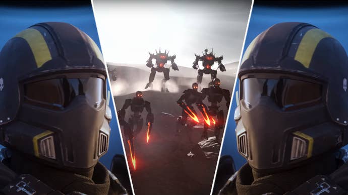 Two Helldivers 2 soldiers facing each other, with automatons in between.