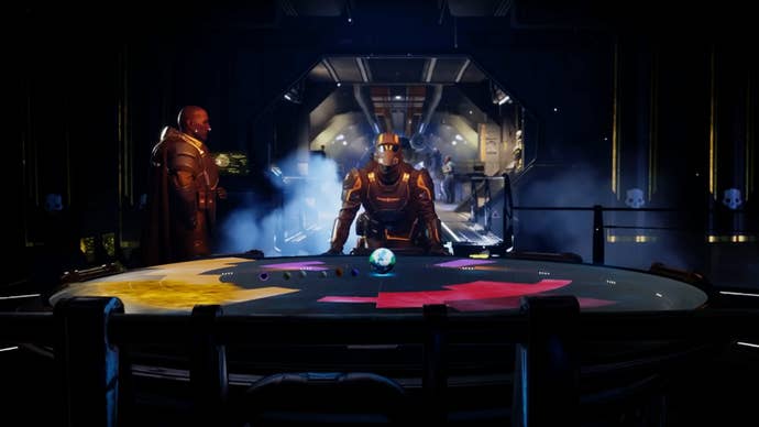 A helldiver looking out on the galactic war table in Helldivers 2.