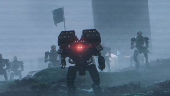 Automatons stand guard on the grey planet of Tien Kwan in Helldivers 2.