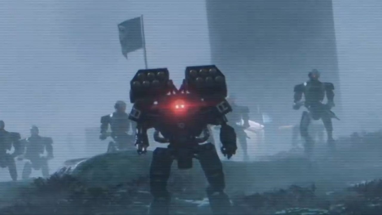 Automatons stand guard on the grey planet of Tien Kwan in Helldivers 2. - 1