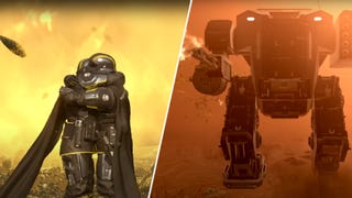 A mech and some soldiers hugging in Helldivers 2.