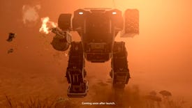 A teaser image of a Helldivers 2 mech firing a gatling gun in a sandy desert.